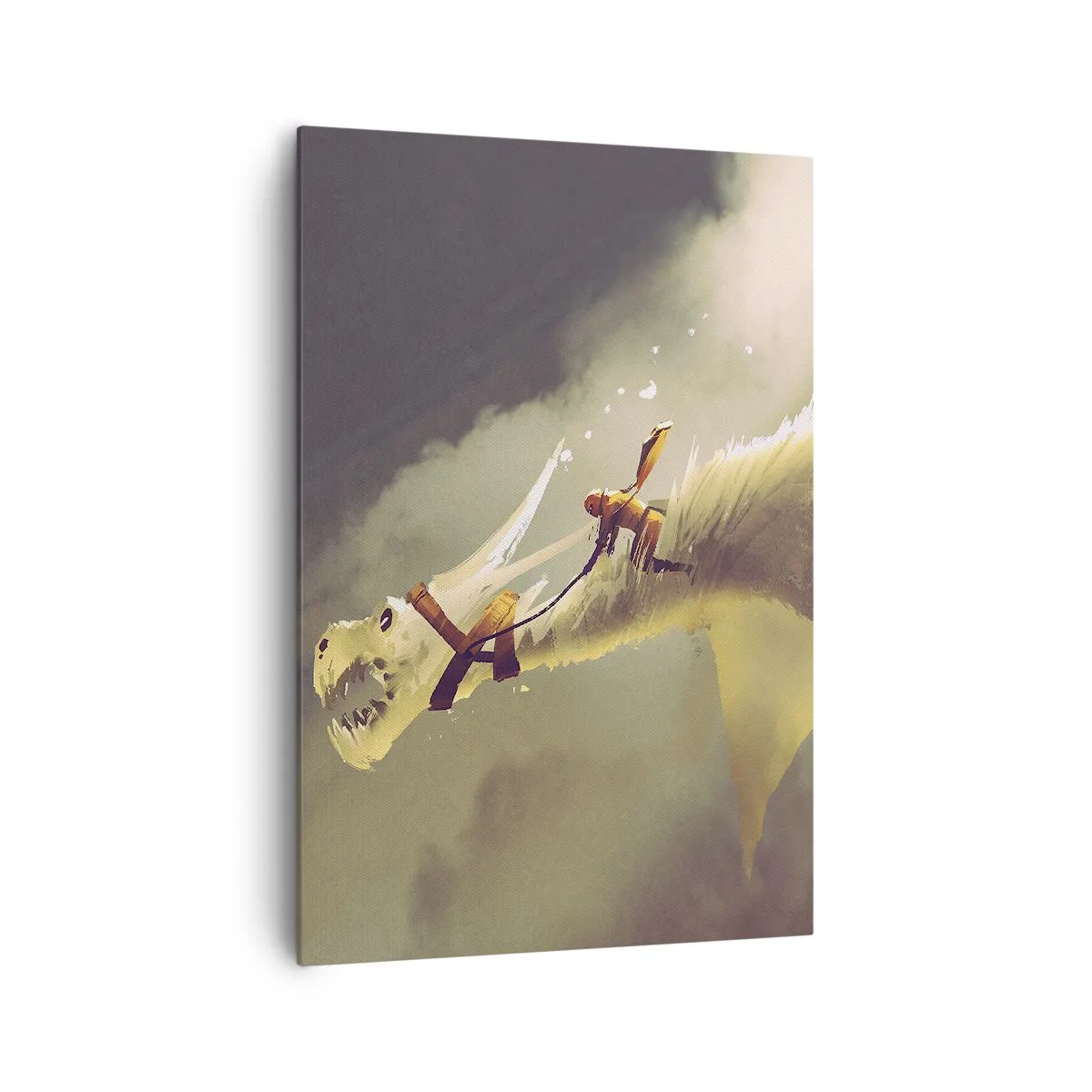 Impression sur toile - Image sur toile - Illustration d'un cavalier de dragon dans un paysage nuageux fantastique - 70x100cm - Le monde à la rescousse - Décoration murale moderne pour le salon et la chambre ARTTOR