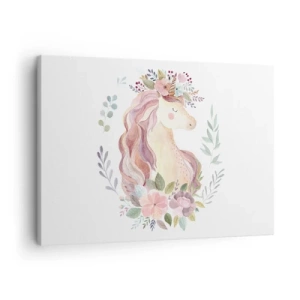 Impression sur toile - Image sur toile - Une licorne aux couleurs pastel entourée de fleurs - 70x50cm - Invitation au monde des contes de fées - Décoration murale moderne pour le salon et la chambre ARTTOR