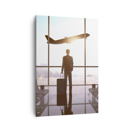 Impression sur toile - Image sur toile - Homme d'affaires à l'aéroport avec un avion en arrière-plan - 70x100cm - Vous avez le temps, ralentissez - Décoration murale moderne pour le salon et la chambre ARTTOR