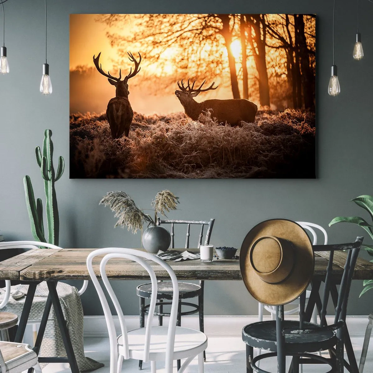 Impression sur toile - Image sur toile - Deux cerfs au coucher du soleil dans un paysage hivernal - 100x70cm - Le rêve d'un chasseur - Décoration murale moderne pour le salon et la chambre ARTTOR
