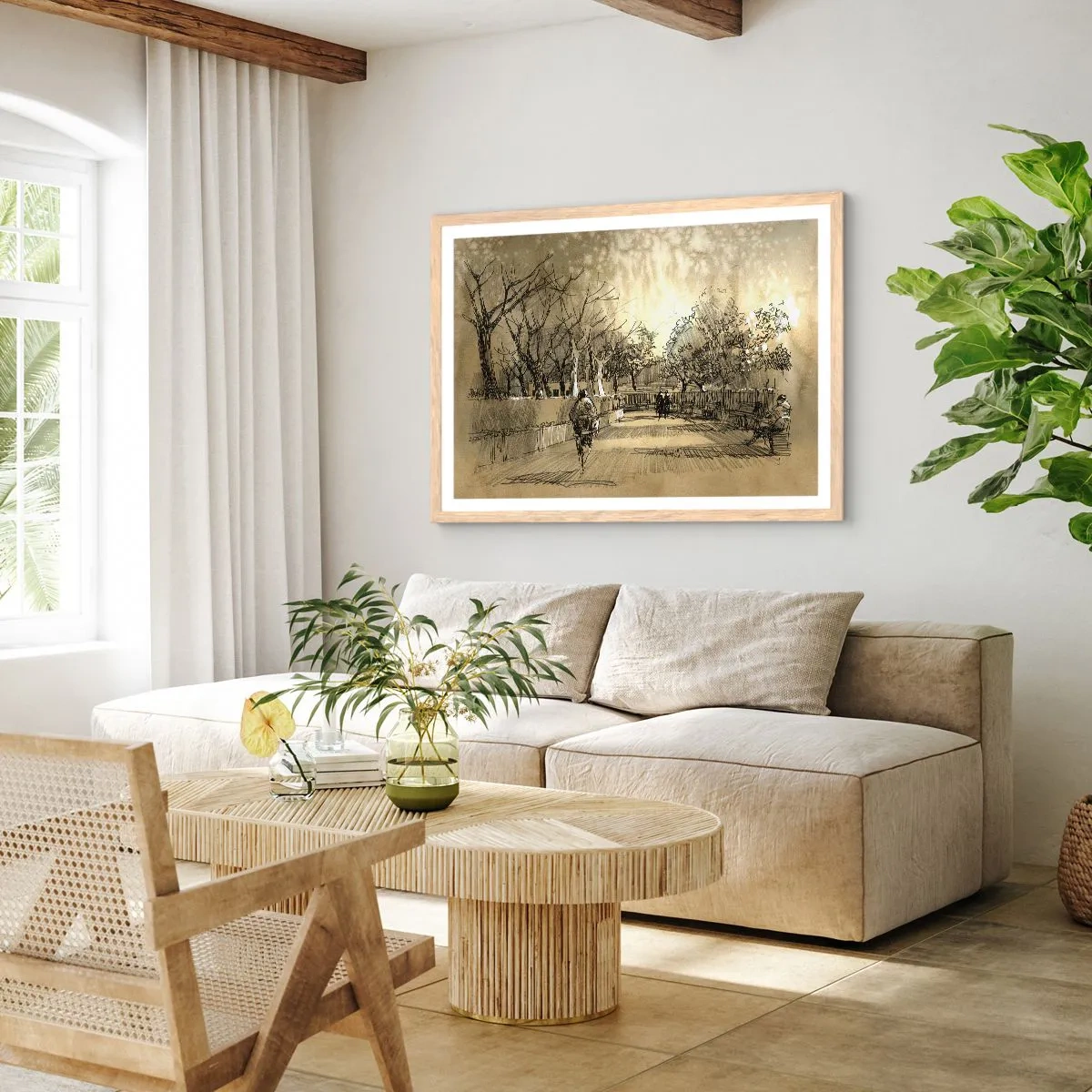 Affiche dans un chêne clair - Poster - Un moment arrêté avec une plume - 100x70 cm