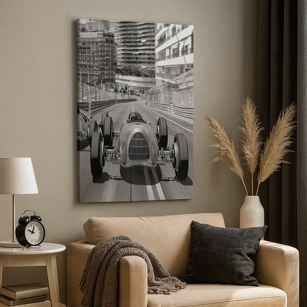 Impression sur toile - Image sur toile - Scène de course automobile rétro monochrome - 50x70cm - Il y a longtemps à Monté Carlo - Décoration murale moderne pour le salon et la chambre ARTTOR
