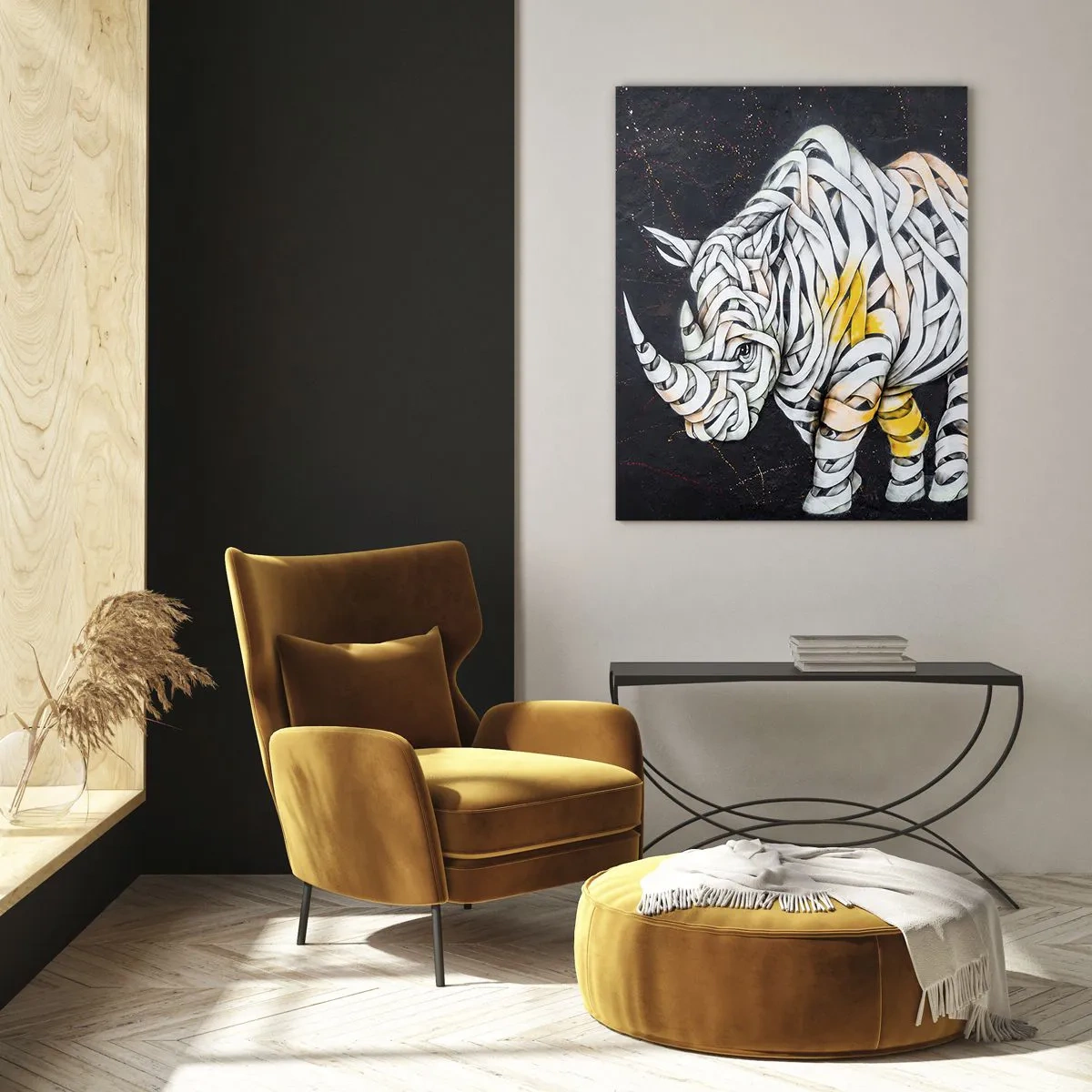 Impression sur verre - Image sur verre - Dessin abstrait d'un rhinocéros en forme de rayures - 50x70cm - La peau épaisse est un mythe - Décoration murale moderne pour le salon et la chambre ARTTOR