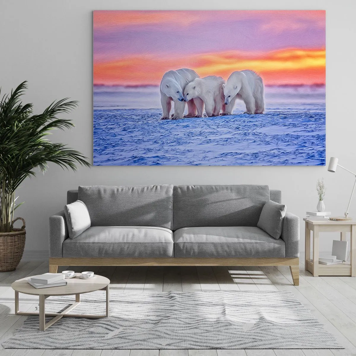 Impression sur verre - Image sur verre - Trois ours polaires sur un fond enneigé au coucher du soleil - 100x70cm - La chaleur familiale suffit - Décoration murale moderne pour le salon et la chambre ARTTOR