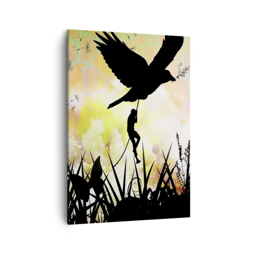 Impression sur toile - Image sur toile - Silhouette de la nature avec un oiseau et un pissenlit - 50x70cm - Dans une ambiance de conte de fées - Décoration murale moderne pour le salon et la chambre ARTTOR