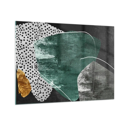 Impression sur verre - Image sur verre - Formes vertes avec un fond noir et une touche dorée - 70x50cm - Abstraction colorée avec feuille d'or - Décoration murale moderne pour le salon et la chambre ARTTOR