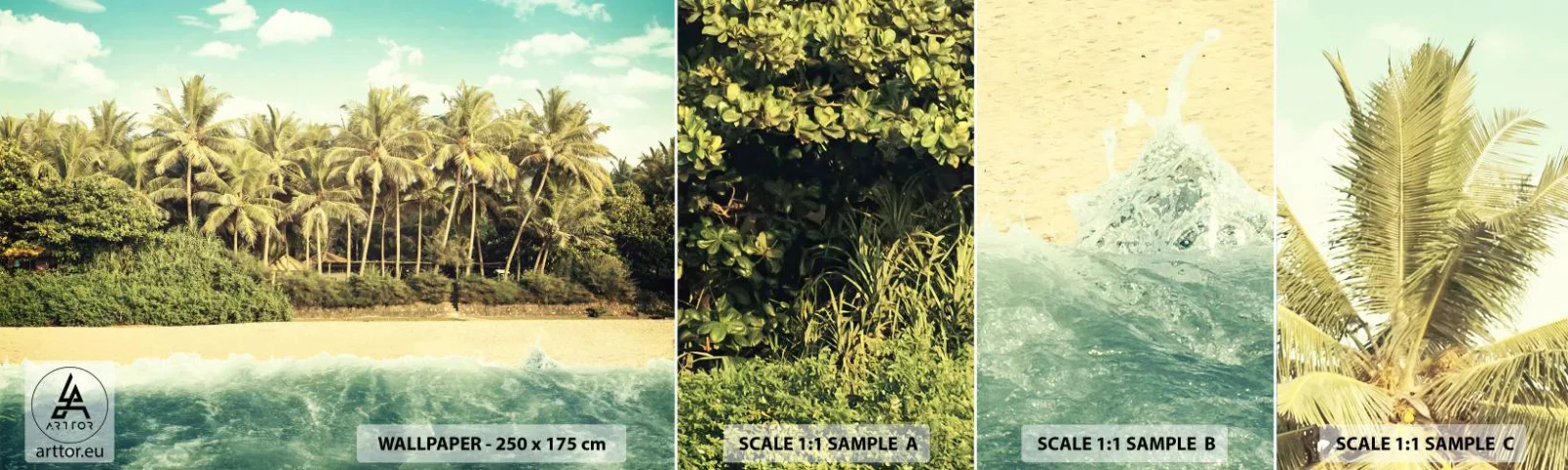 Échantillon de Papier Peint Autocollant Deluxe Sticker - Peut-être ici? - Paysage, Plage, Cocotier - 100x30 cm