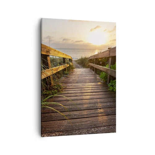 Impression sur toile - Image sur toile - Jetée en bois menant à la plage au coucher du soleil - 50x70cm - Tout droit vers le rivage - Décoration murale moderne pour le salon et la chambre ARTTOR