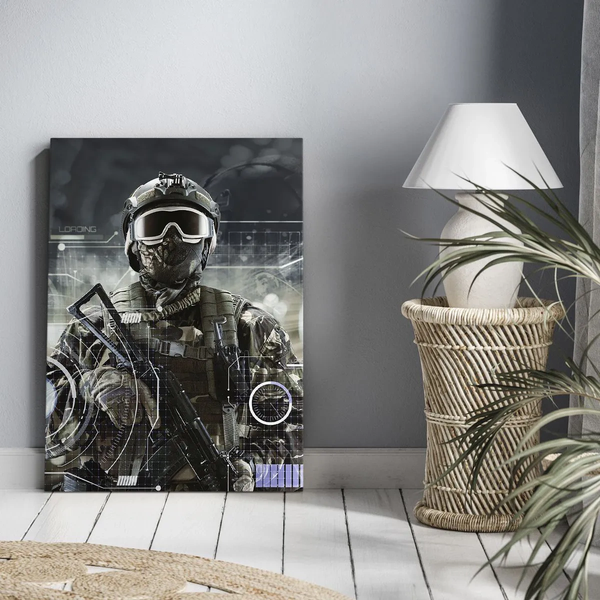 Impression sur toile - Image sur toile - Un soldat portant un casque futuriste avec une arme à feu en arrière-plan de la technologie. - 50x70cm - Puissance sans limite - Décoration murale moderne pour le salon et la chambre ARTTOR