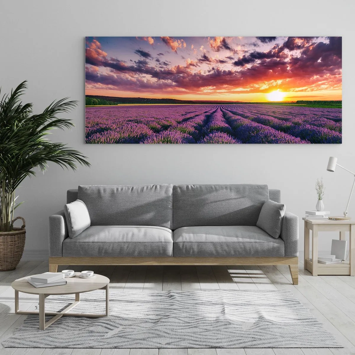 Impression sur verre - Image sur verre - Un champ de lavande au coucher du soleil avec un ciel coloré - 140x50cm - Monde de lavande - Décoration murale moderne pour le salon et la chambre ARTTOR