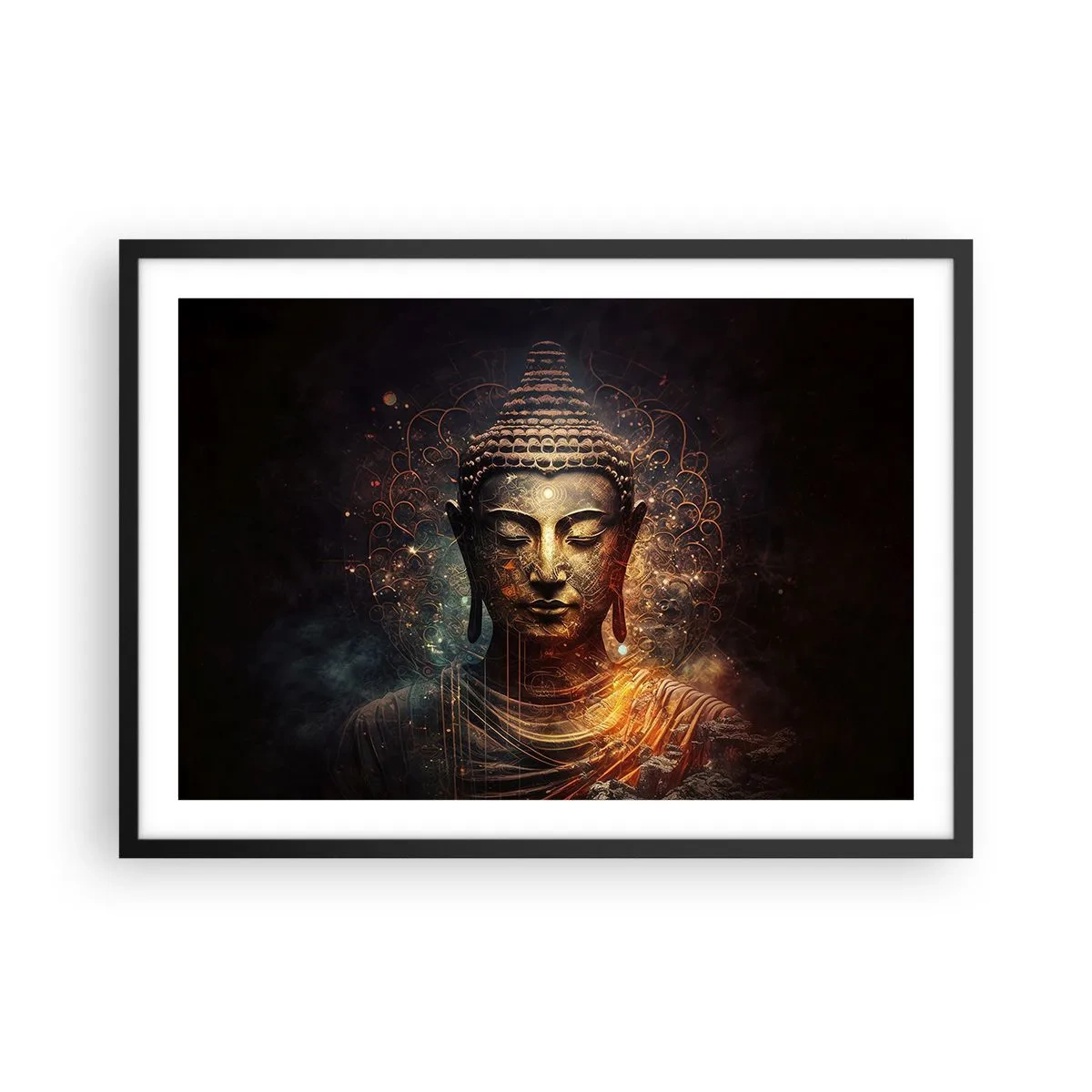 Affiche dans un cadre noir - Poster - Bouddha doré sur fond sombre avec ornements - 70x50cm - Équilibre spirituel - Décoration murale moderne pour le salon et la chambre ARTTOR