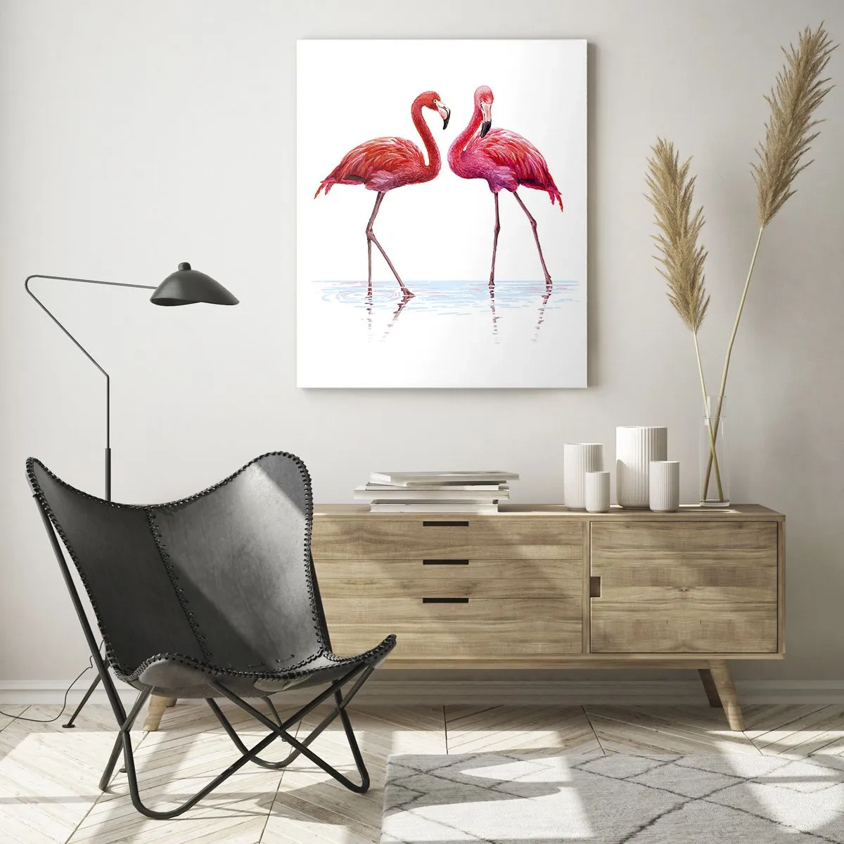 Impression sur verre - Image sur verre - Une paire de flamants roses dans l'eau sur un fond clair - 70x100cm - Rendez-vous rose - Décoration murale moderne pour le salon et la chambre ARTTOR