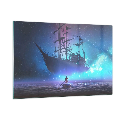 Impression sur verre - Image sur verre - Un navire de nuit flottant au-dessus de l'eau dans une aura magique - 120x80cm - A la rencontre du mythe de la mer - Décoration murale moderne pour le salon et la chambre ARTTOR