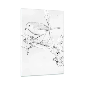 Impression sur verre - Image sur verre - Un oiseau perché sur une branche dans une scène hivernale monochrome. - 50x70cm - Matin d'hiver - Décoration murale moderne pour le salon et la chambre ARTTOR