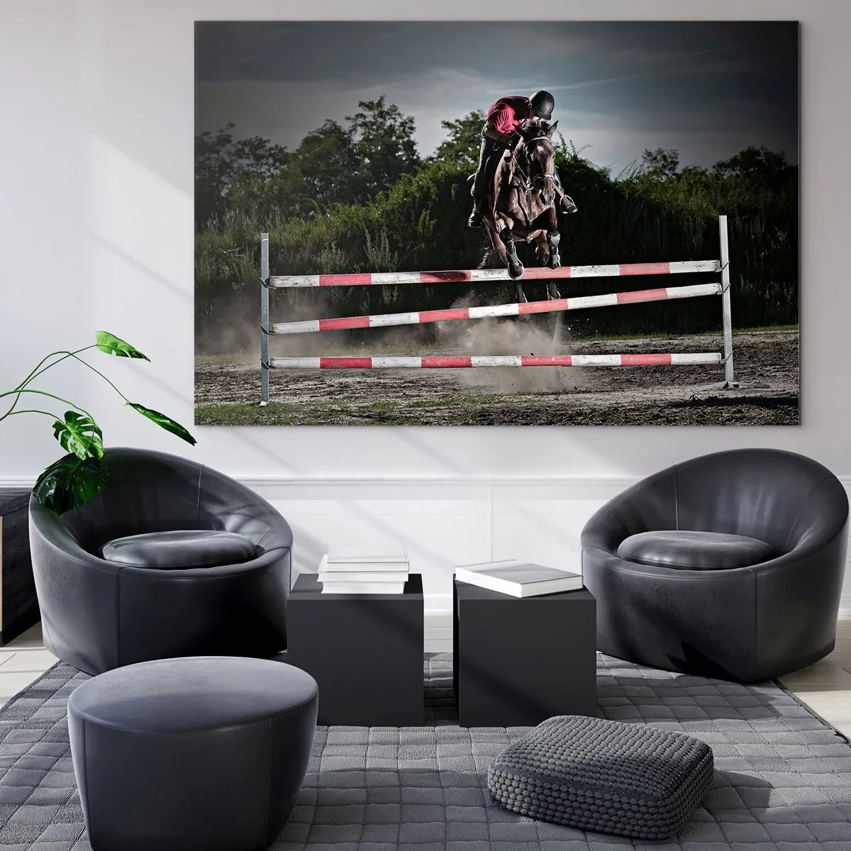 Impression sur verre - Image sur verre - Un cavalier sur un cheval saute par-dessus un obstacle avec la nature en arrière-plan - 120x80cm - Ensemble pour la victoire - Décoration murale moderne pour le salon et la chambre ARTTOR