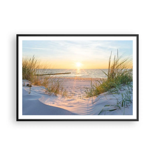 Affiche dans un cadre noir - Poster - Une plage de sable avec vue sur le coucher de soleil sur la mer - 100x70cm - Le bruit de la mer, le chant des oiseaux, une plage sauvage parmi les herbes… - Décoration murale moderne pour le salon et la chambre ARTTOR