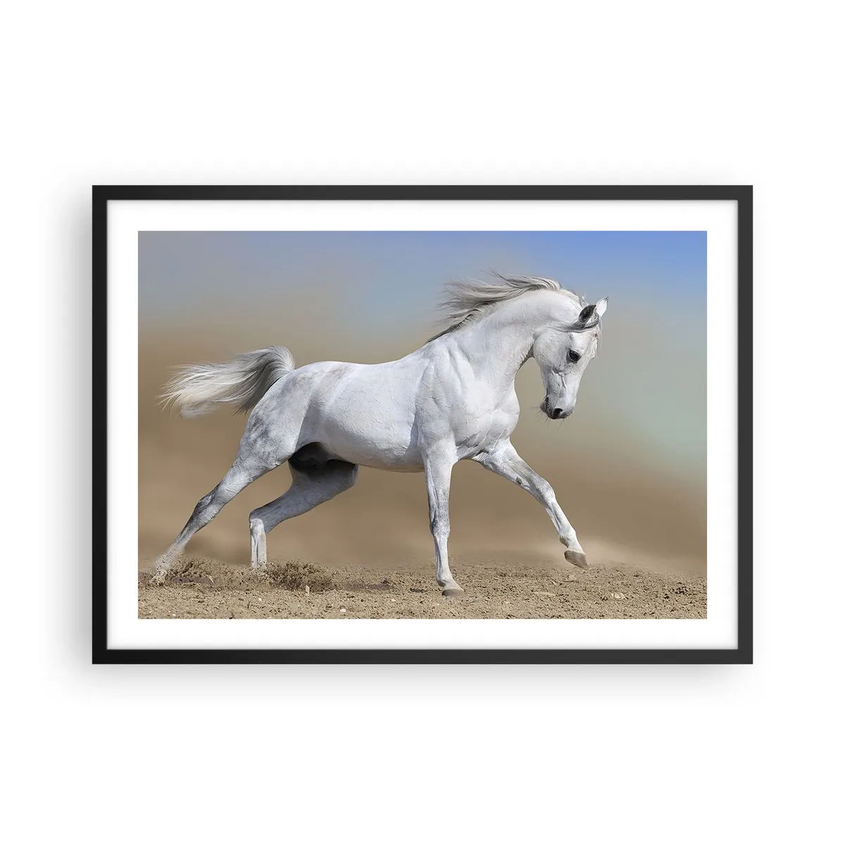 Affiche dans un cadre noir - Poster - Un cheval blanc galopant à travers un paysage désertique - 70x50cm - Le plus beau conte de fées arabe - Décoration murale moderne pour le salon et la chambre ARTTOR