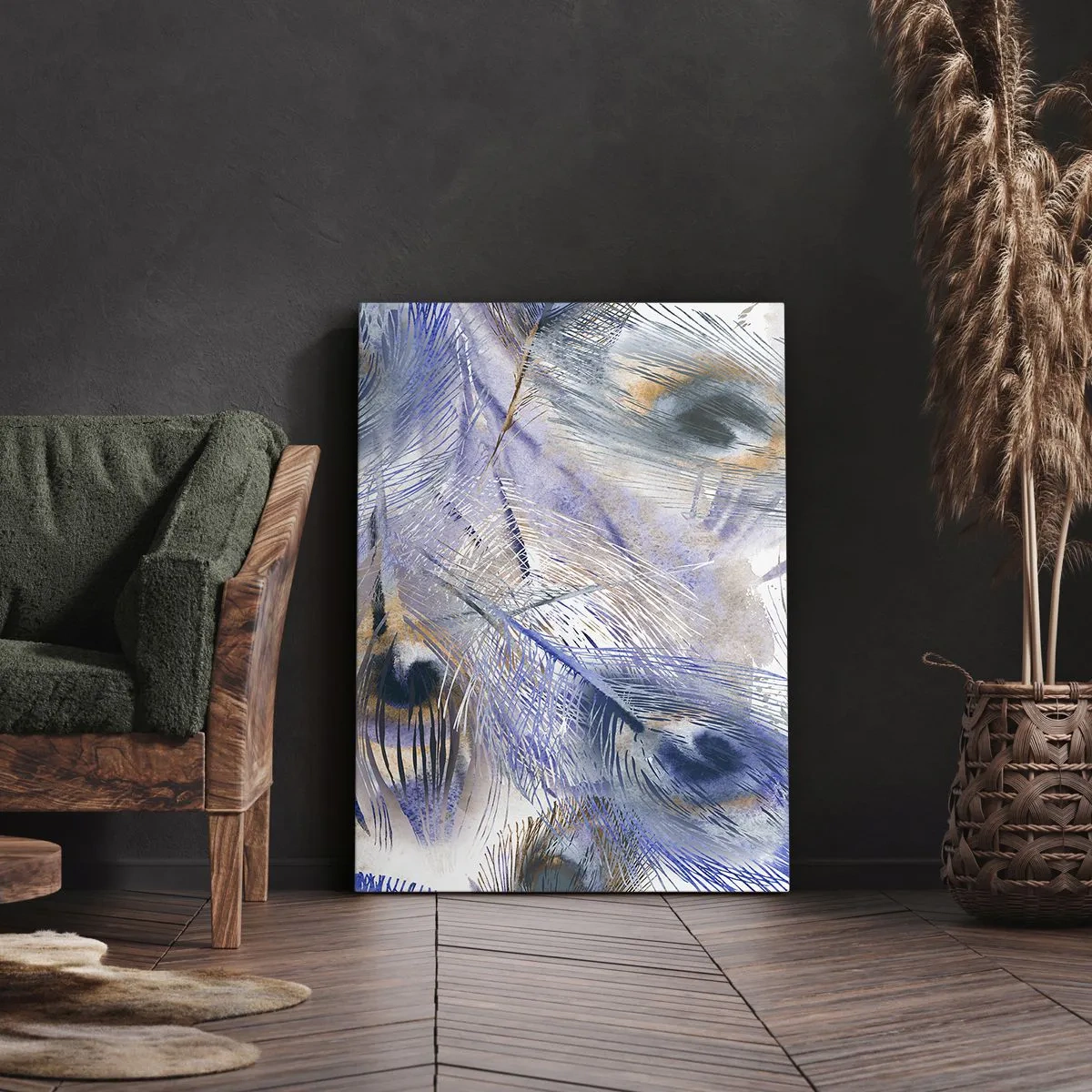 Impression sur toile - Image sur toile - Un motif avec des plumes de paon dans des tons de bleu et d'or - 50x70cm - Composition de paon - Décoration murale moderne pour le salon et la chambre ARTTOR