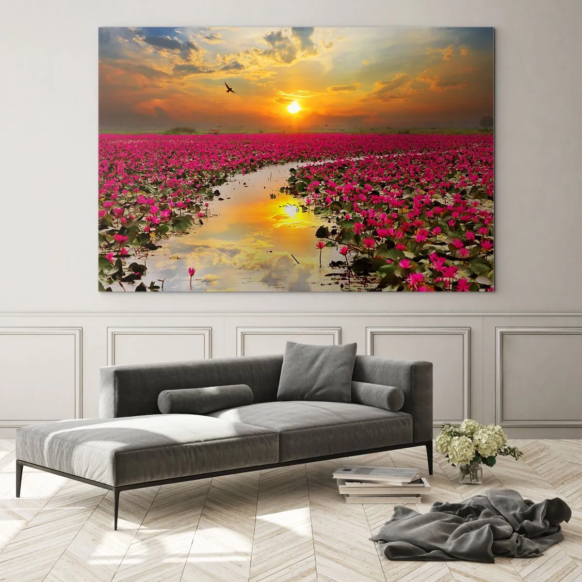 Impression sur verre - Image sur verre - Nénuphars roses sur un lac au coucher du soleil - 120x80cm - La vie secrète du lac - Décoration murale moderne pour le salon et la chambre ARTTOR