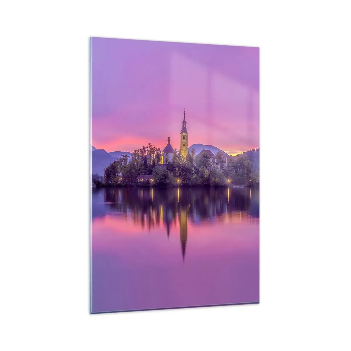 Impression sur verre - Image sur verre - Lac avec une île et une église au coucher du soleil - 80x120cm - Une île de conte de fées au crépuscule - Décoration murale moderne pour le salon et la chambre ARTTOR