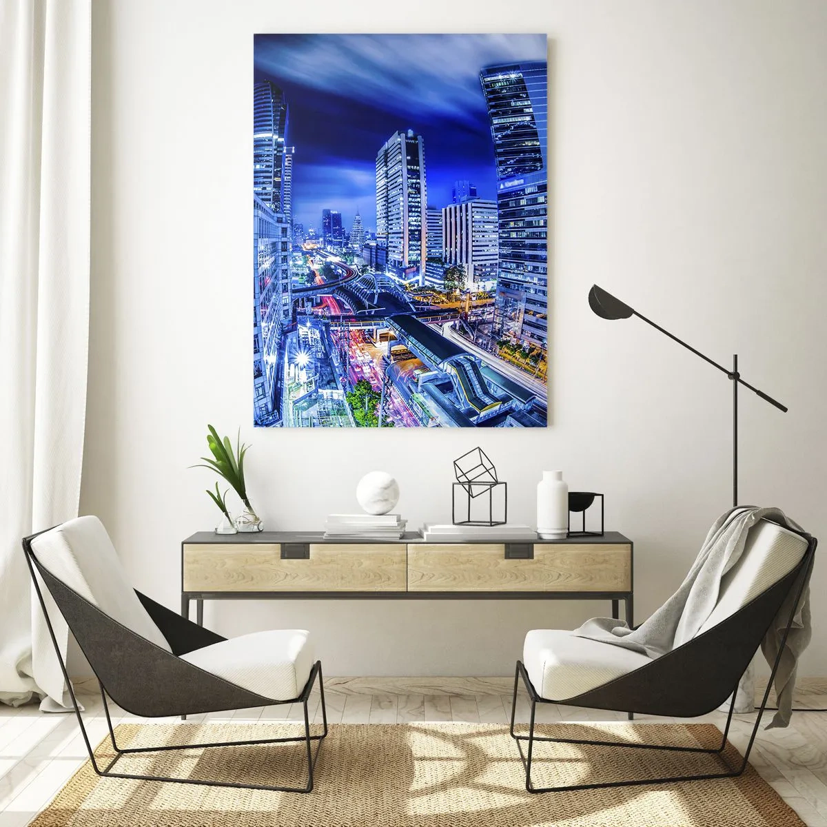 Impression sur verre - Image sur verre - Panorama d'une ville moderne la nuit avec des lumières vives - 50x70cm - Rythmes de la ville nocturne - Décoration murale moderne pour le salon et la chambre ARTTOR