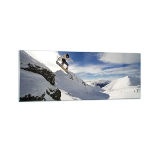 Impression sur verre - Image sur verre - Un snowboardeur saute d'une falaise avec des montagnes enneigées en arrière-plan. - 140x50cm - Liberté sans limite - Décoration murale moderne pour le salon et la chambre ARTTOR