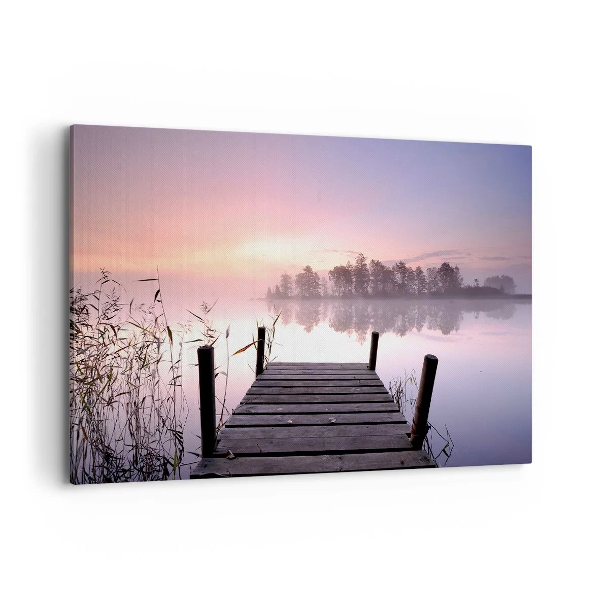 Impression sur toile - Image sur toile - Une jetée au bord du lac à l'aube avec du brouillard et un ciel pastel - 120x80cm - De la brume lilas… - Décoration murale moderne pour le salon et la chambre ARTTOR