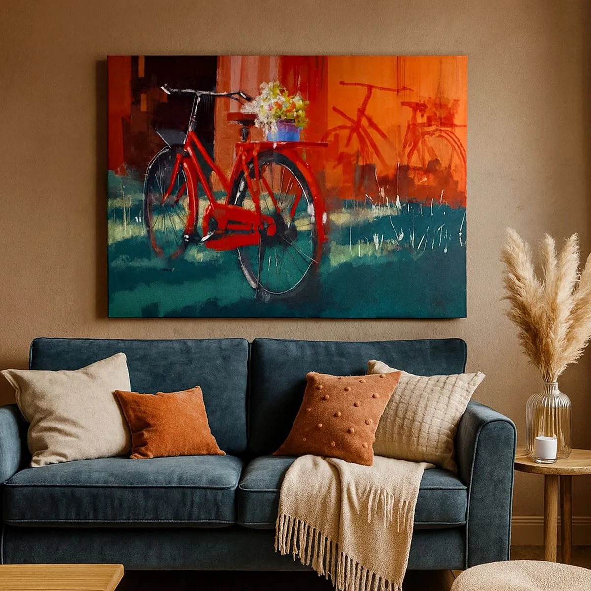 Impression sur toile - Image sur toile - Un vélo rouge avec des fleurs contre un mur orange - 70x50cm - I want to ride my bicycle - Décoration murale moderne pour le salon et la chambre ARTTOR