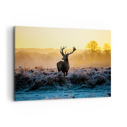 Impression sur toile - Image sur toile - Un cerf dans une clairière gelée au lever du soleil - 100x70cm - Couronné pour sa succession - Décoration murale moderne pour le salon et la chambre ARTTOR