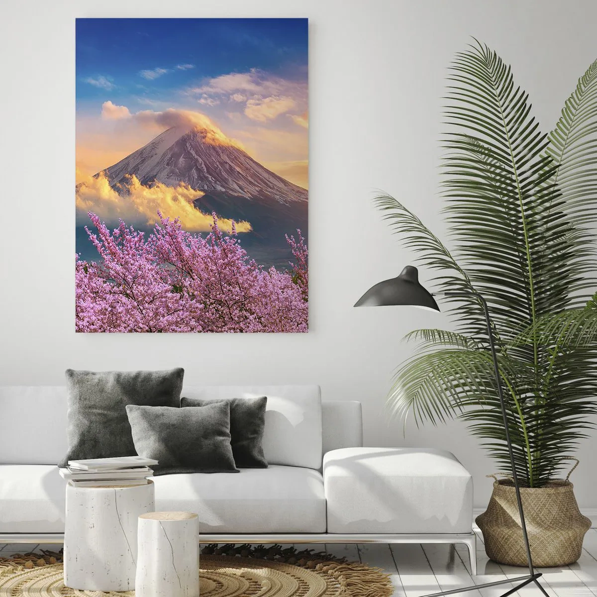 Impression sur verre - Image sur verre - Le mont Fuji en arrière-plan avec des sakura en fleurs au premier plan - 50x70cm - Sainteté japonaise - Décoration murale moderne pour le salon et la chambre ARTTOR