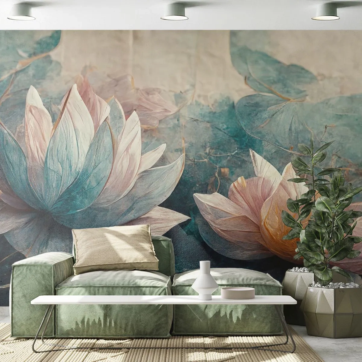 Papier Peint Photo Premium Sand - Les étoiles du lac - Fleurs, Art Déco, Lotus - 100x70 cm