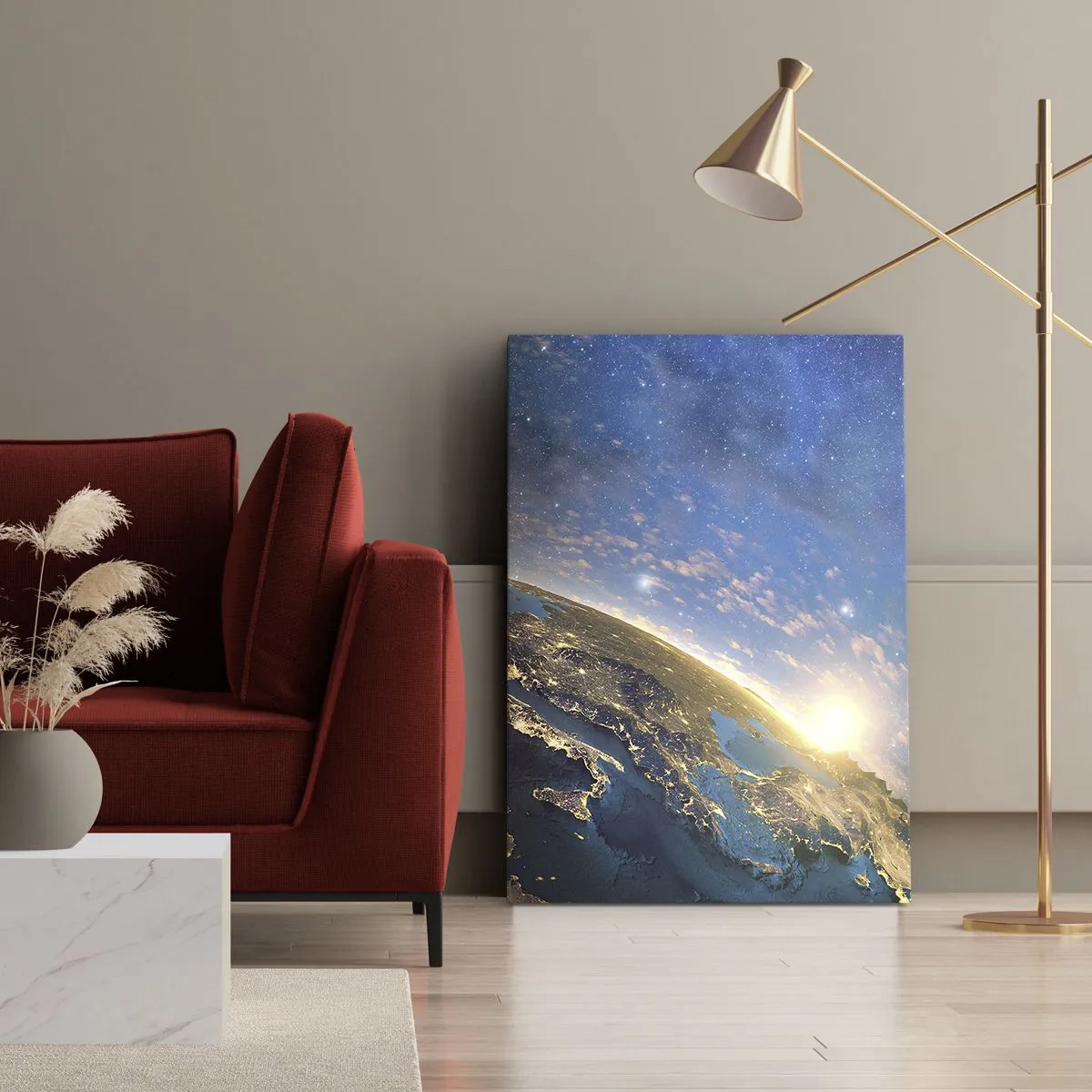 Impression sur toile - Image sur toile - Vue de la Terre depuis l'espace au lever du soleil - 80x120cm - Regardons-nous de loin - Décoration murale moderne pour le salon et la chambre ARTTOR