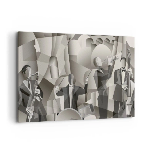 Impression sur toile - Image sur toile - Scène abstraite avec des musiciens de jazz dans des tons de gris. - 120x80cm - Dans l'espace des sons - Décoration murale moderne pour le salon et la chambre ARTTOR
