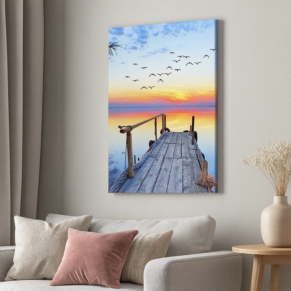 Impression sur toile - Image sur toile - Jetée en bois sur le lac au coucher du soleil - 50x70cm - Il est temps de rentrer... - Décoration murale moderne pour le salon et la chambre ARTTOR