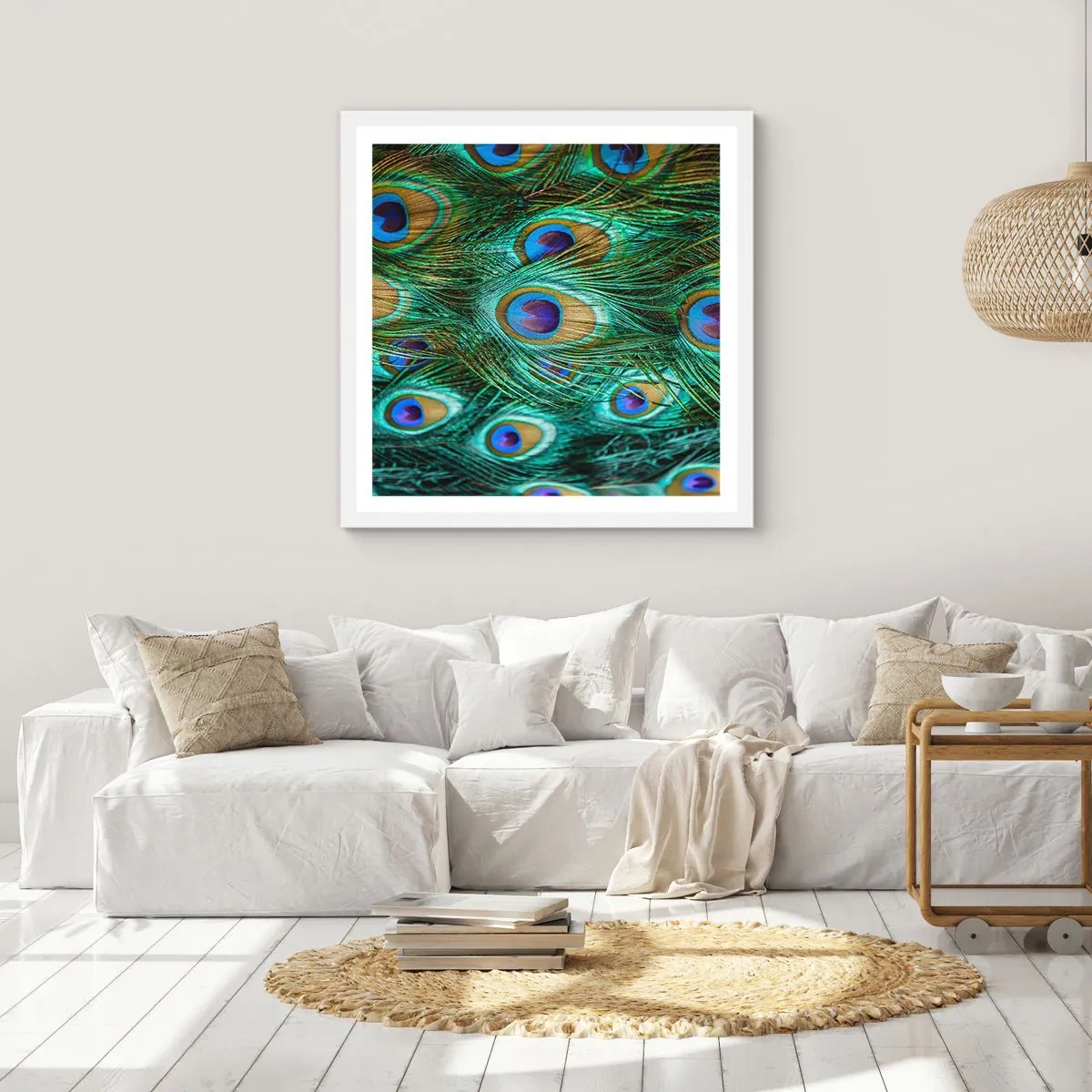 Affiche dans un cadre blanc - Poster - Un regard de paon - 60x60 cm