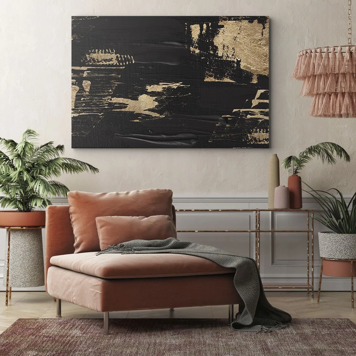 Impression sur toile - Image sur toile - Composition abstraite dans les tons de noir et d'or - 70x50cm - Empreinte du toucher - Décoration murale moderne pour le salon et la chambre ARTTOR