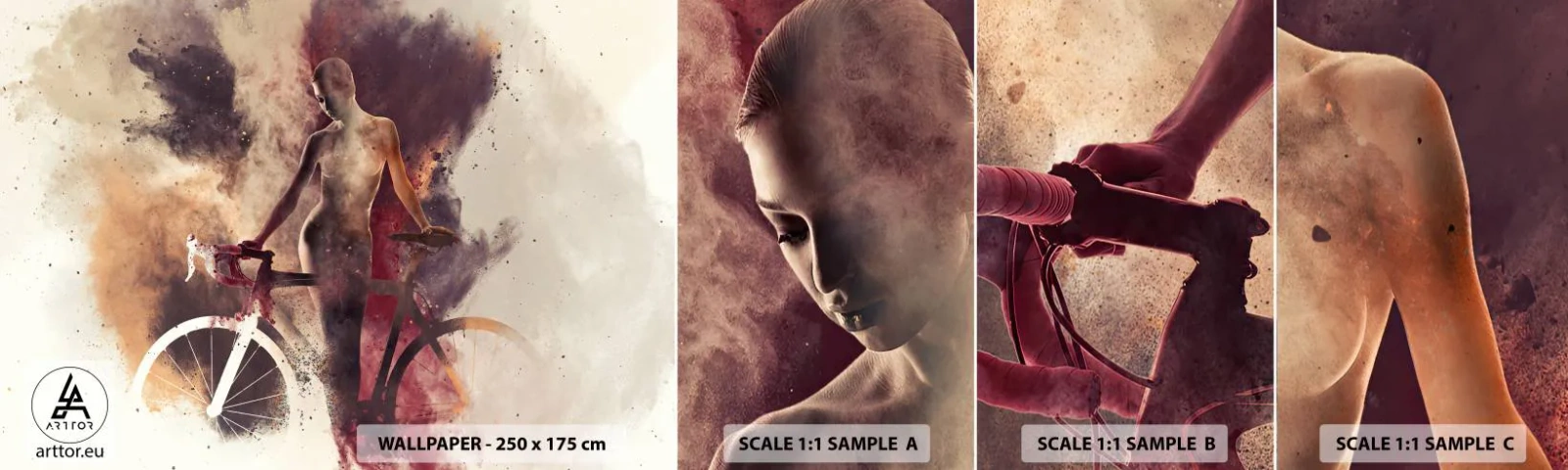 Échantillon de Papier Peint Autocollant Deluxe Sticker - Une âme de vélo aux formes marbrées - Abstraction, Femme, Vélo - 100x30 cm