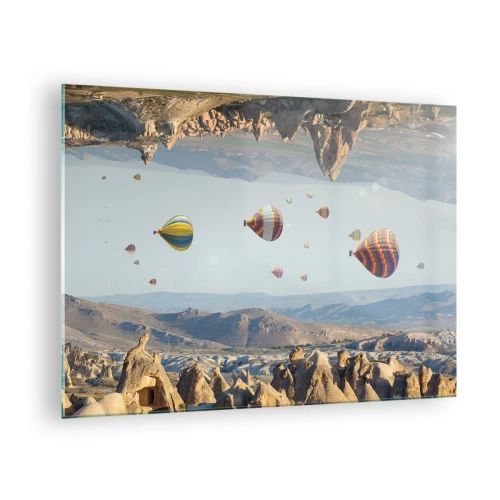 Impression sur verre - Image sur verre - Ballons colorés au-dessus du paysage rocheux de la Cappadoce - 70x50cm - Ici, tout est possible - Décoration murale moderne pour le salon et la chambre ARTTOR