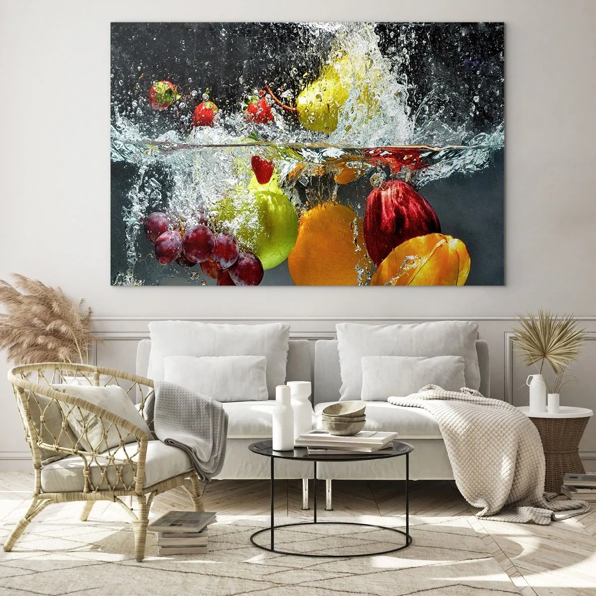 Impression sur verre - Image sur verre - Fruits immergés dans l'eau avec des éclaboussures dynamiques - 70x50cm - Rafraîchissement fruité - Décoration murale moderne pour le salon et la chambre ARTTOR