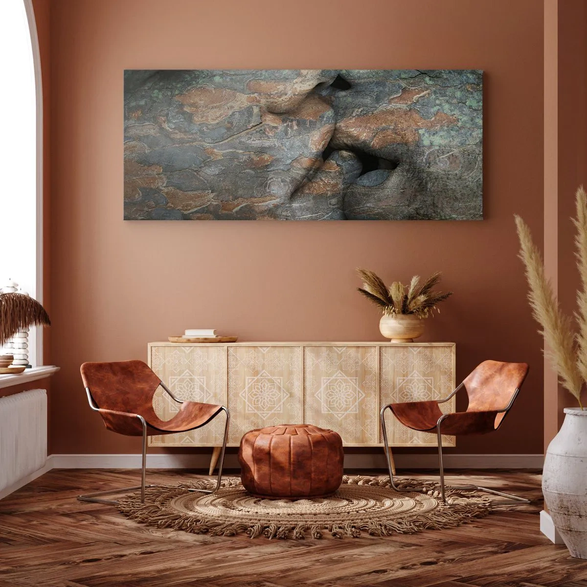 Impression sur toile - Image sur toile - Un motif artistique d'un visage sculpté dans la roche avec un effet de texture naturelle. - 160x50cm - Ensemble pour toujours - Décoration murale moderne pour le salon et la chambre ARTTOR