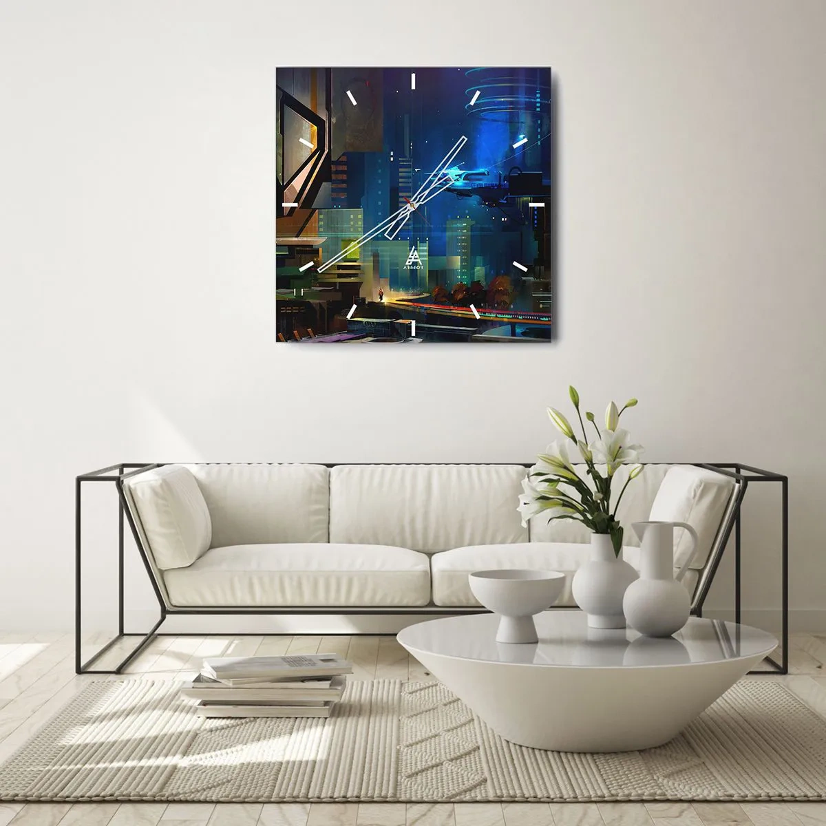 Horloge murale - Pendule murale - Ville futuriste la nuit avec des néons et un véhicule volant - 30x30cm - Dans le futur proche - Décoration murale moderne pour le salon et la chambre ARTTOR