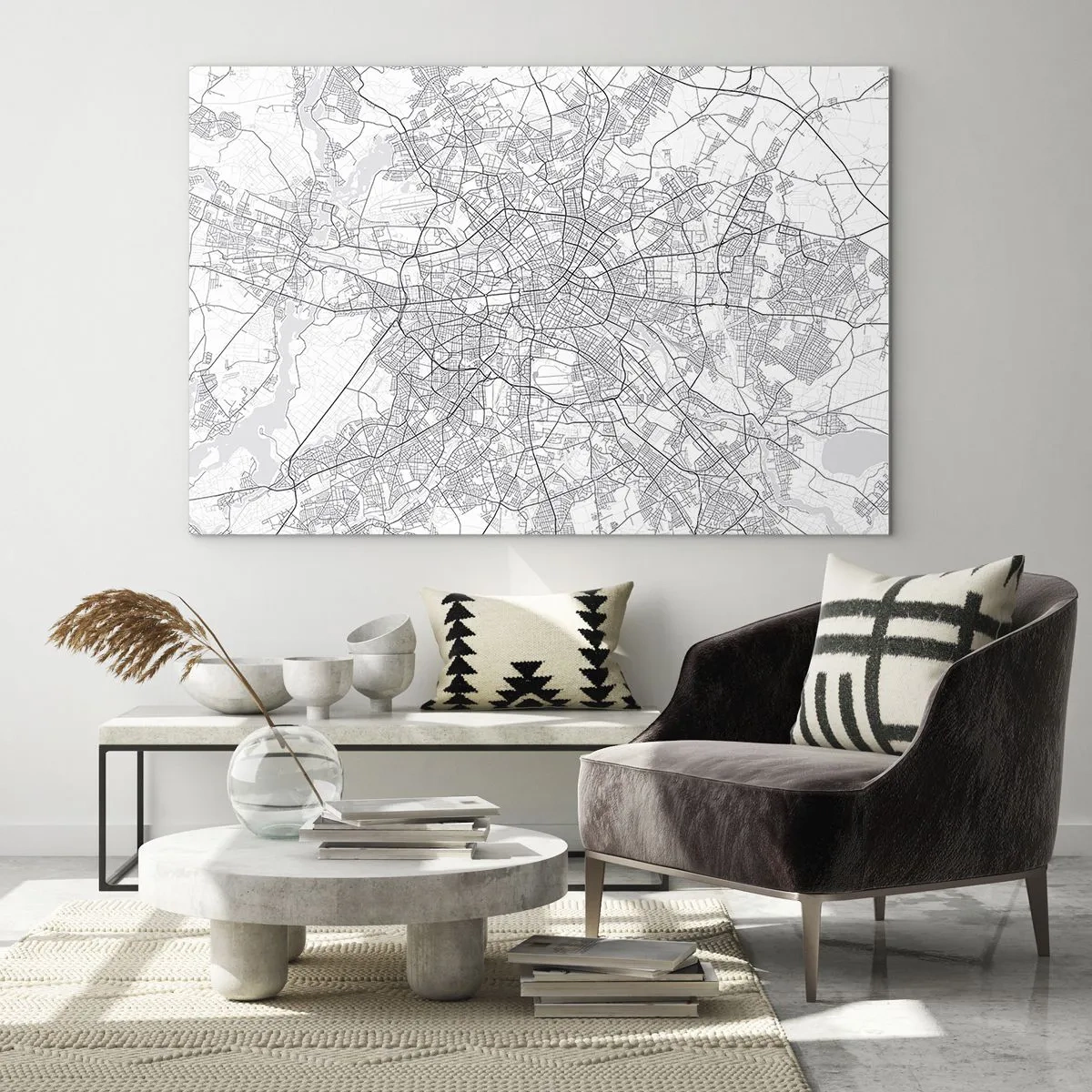 Impression sur verre - Image sur verre - Carte de Berlin en noir et blanc avec un tracé géométrique des rues - 70x50cm - Fleur de Berlin - Décoration murale moderne pour le salon et la chambre ARTTOR