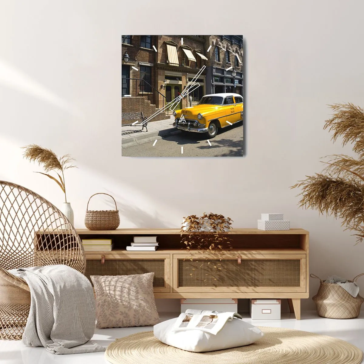 Horloge murale - Pendule murale - Un taxi jaune dans une rue bordée d'immeubles - 30x30cm - Il y a longtemps en Amérique - Décoration murale moderne pour le salon et la chambre ARTTOR