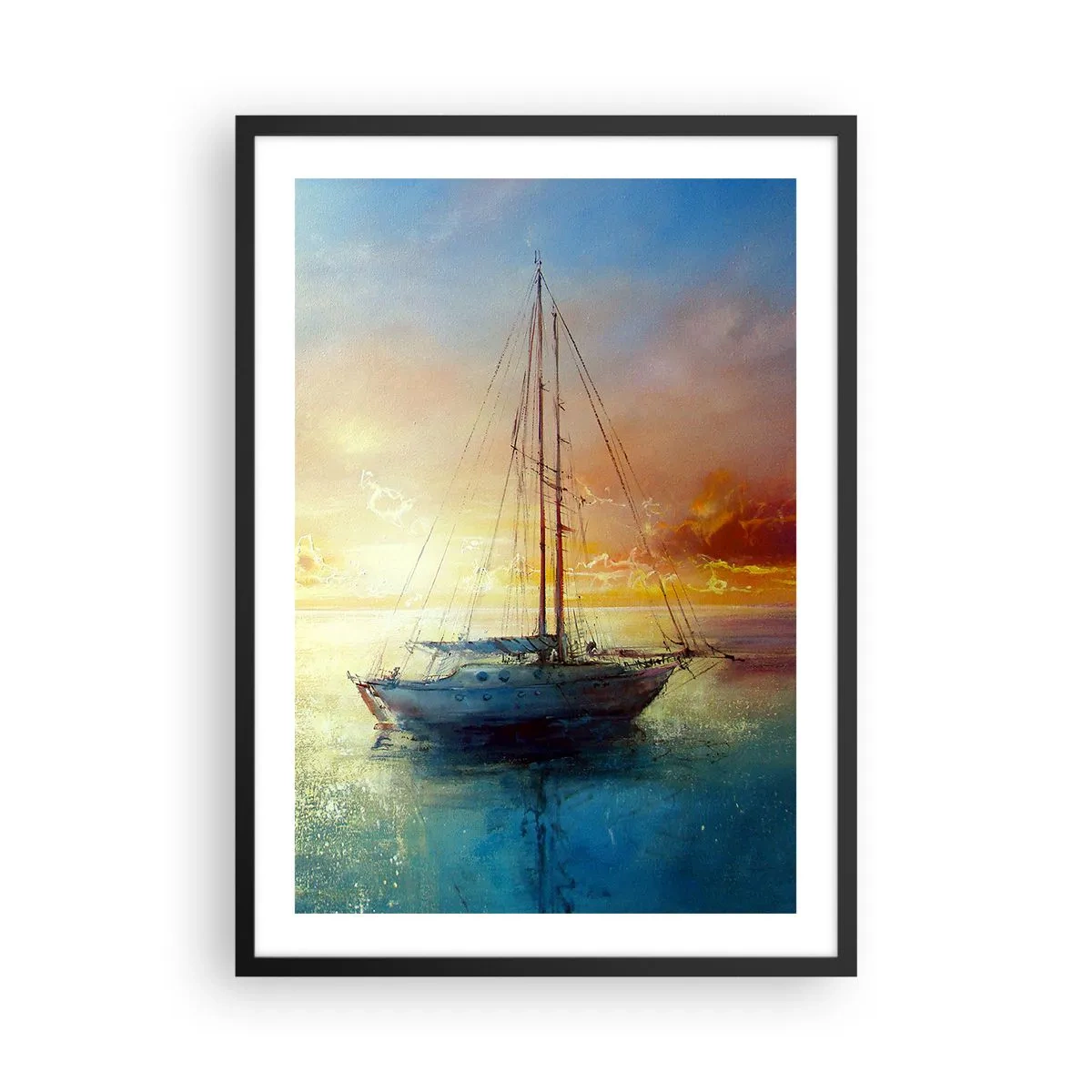 Affiche dans un cadre noir - Poster - Un yacht sur une mer calme au coucher du soleil - 50x70cm - Dans une baie dorée - Décoration murale moderne pour le salon et la chambre ARTTOR
