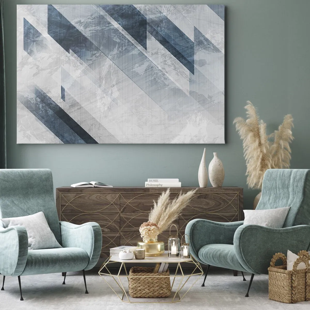 Impression sur toile - Image sur toile - Lignes abstraites dans des tons de gris et de bleu - 100x70cm - Composition spatiale - mouvement gris - Décoration murale moderne pour le salon et la chambre ARTTOR