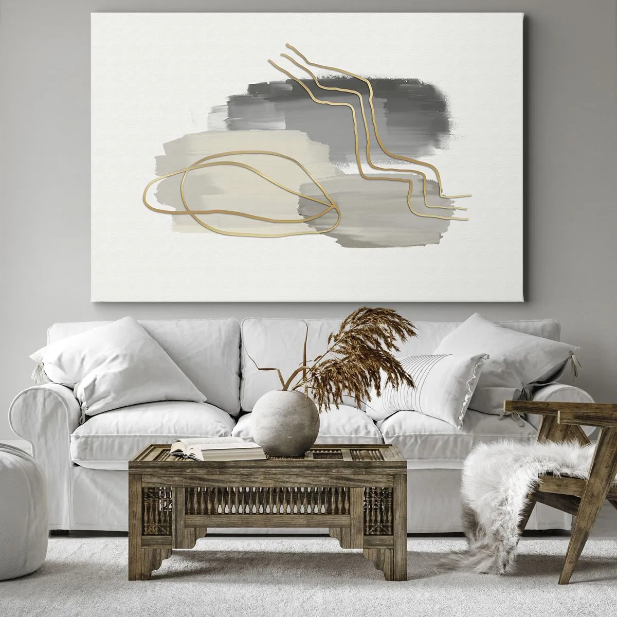 Impression sur toile - Image sur toile - Lignes dorées abstraites sur fond gris - 70x50cm - Durée et mouvement - Décoration murale moderne pour le salon et la chambre ARTTOR
