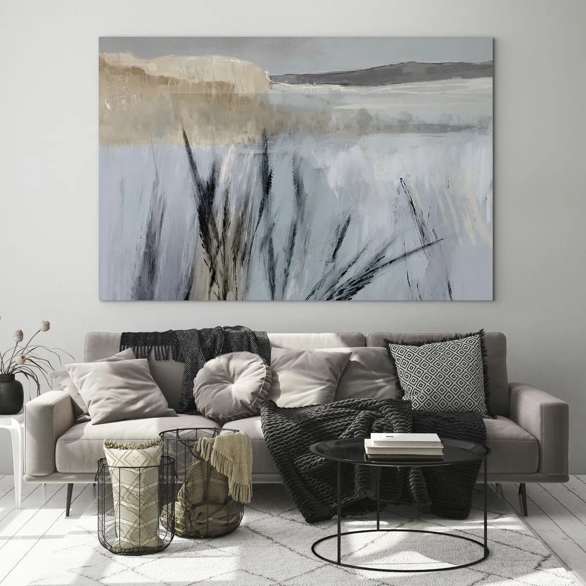Impression sur verre - Image sur verre - Paysage d'hiver avec des herbes sur fond de champs enneigés - 70x50cm - Champs d'hiver - Décoration murale moderne pour le salon et la chambre ARTTOR