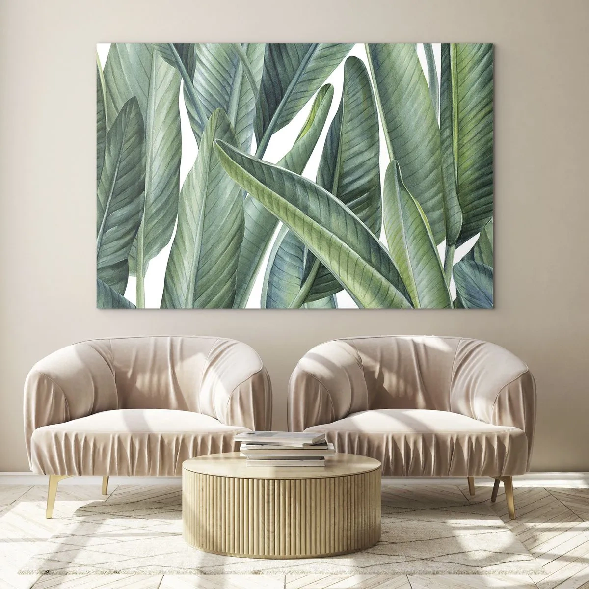Impression sur verre - Image sur verre - Feuilles tropicales dans des tons de vert - 70x50cm - La nature face à elle-même - Décoration murale moderne pour le salon et la chambre ARTTOR