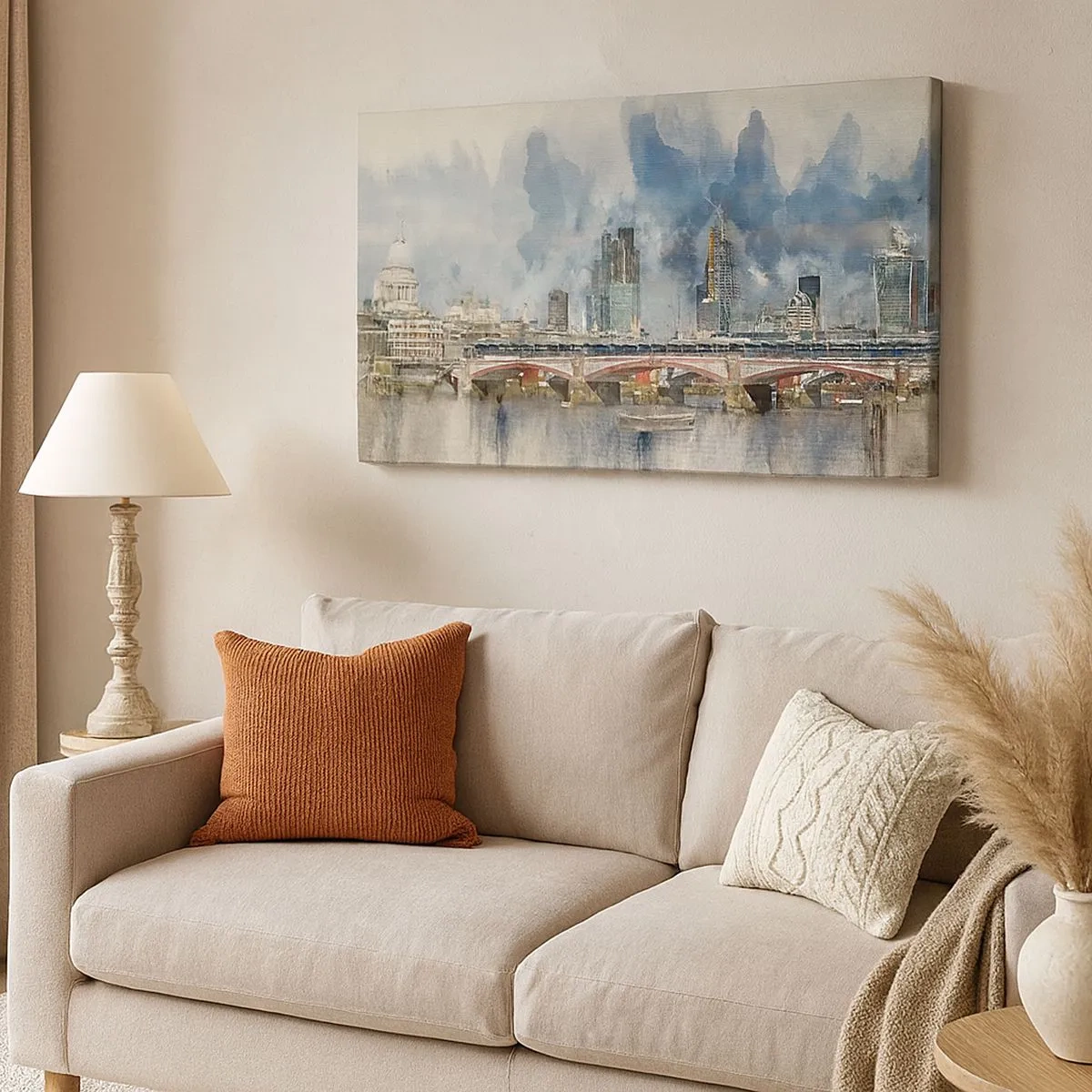 Impression sur toile - Image sur toile - Vue à l'aquarelle du pont et des toits de la ville - 70x50cm - Londres dans toute sa splendeur - Décoration murale moderne pour le salon et la chambre ARTTOR