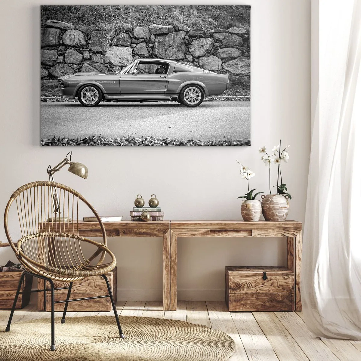 Impression sur toile - Image sur toile - Photo en noir et blanc d'une voiture classique - 70x50cm - Légende des années 60 - Décoration murale moderne pour le salon et la chambre ARTTOR